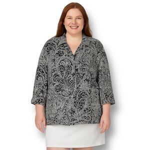 White Stag 26W 28W Black White Paisley Sheer Blouse Plus Size Button Front Top